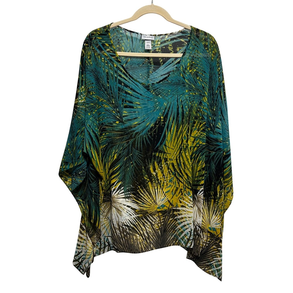 Catherines Womens Blouse 4X 5X Green Tropical Palm Kimono Top Sleeve Slit Resort